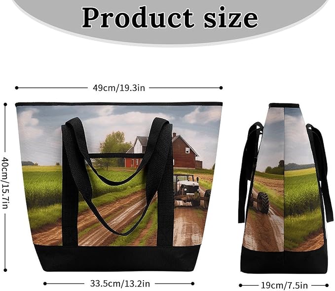 Insulated Shopping BagLarge Reusable Cooler Bags Country Road with Farm And Tractor Printed Foldable Shopping BagTravel Waterproof Shoulder Bag