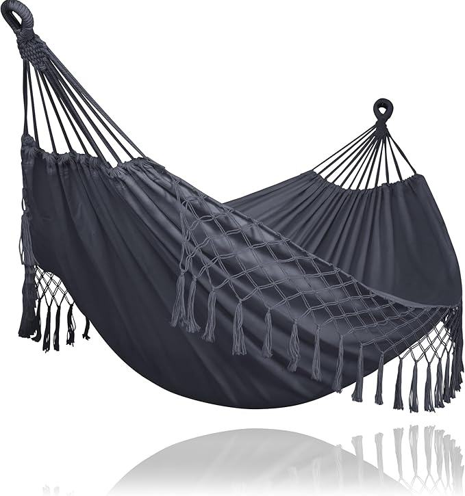 SUNCREAT Extra Large Double Hanging Hammock for Camping Hammocks for Outside 2 Person Heavy Duty Dark Gray with Tassels