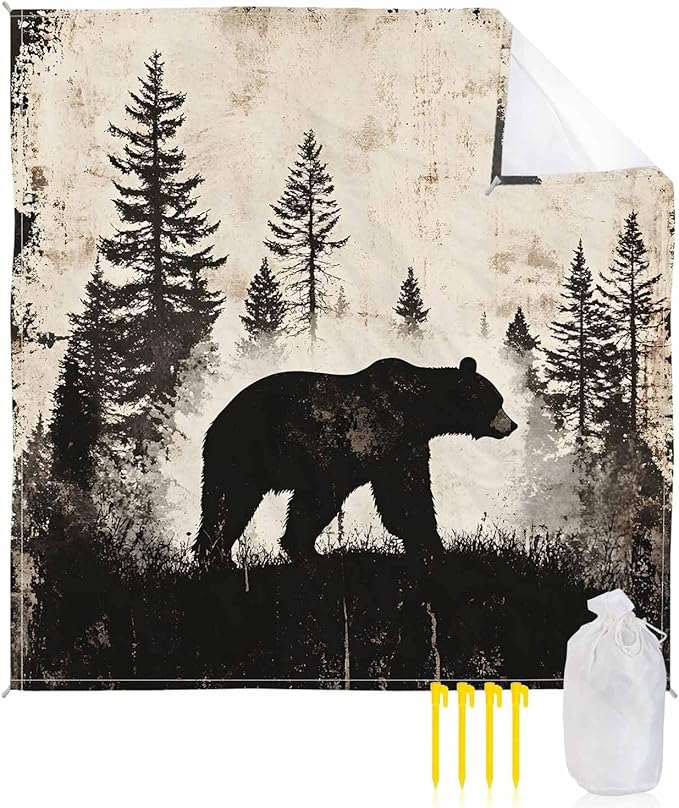 Beach Blanket Waterproof Sandproof Oversized Forest Brown Bear Silhouette Beach Mat with Corner Stakes Sand Pockets Minimalist Modern Art Outdoor Picnic Mat for Travel Camping Hiking 118x108In