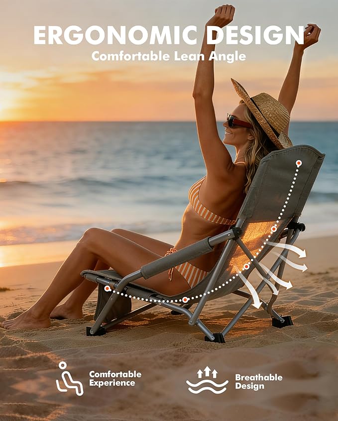 AKSOUL Folding Beach Chair for Adults: Low/High Back Chairs with Carry Bag - Extra Wide Seat Chair with Comfortable Pillow &amp Storage Pocket (1 Pack &amp 2 Pack Blue)