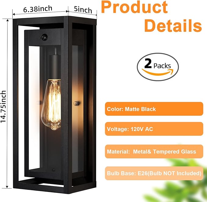 15 Motion Sensor Outdoor Wall Sconce Set of Two Large Dusk to Dawn Outdoor Sconce Lights Waterproof Anti-Rust Outdoor Lights for House Exterior Motion Sensor Light for Garage Porch