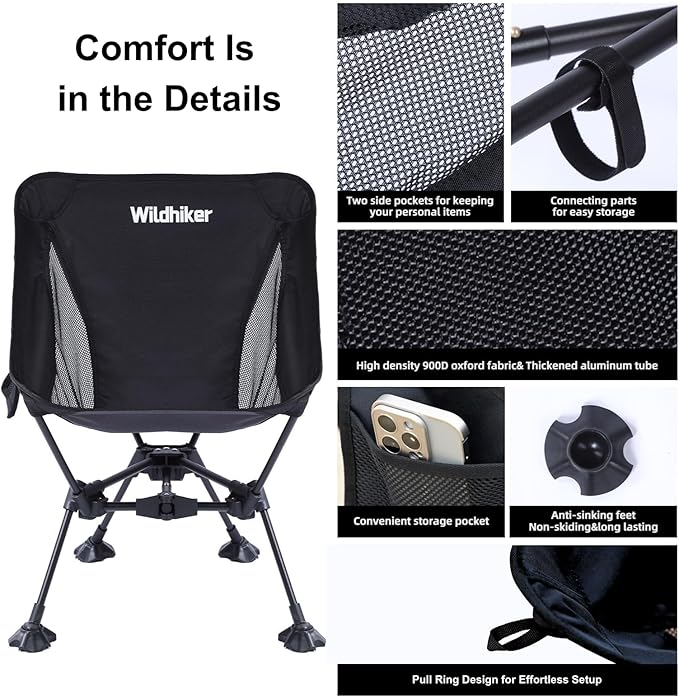 Wildhiker Ultralight Backpacking Chair – Compact Camping Chairs for Adults with Pouch Weighs 2.8 lbs with Anti-Sinking Large Feet for Beach Hiking Motorcycle Travel Festival – Black 2pcs