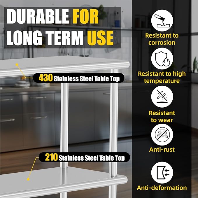 Double Overshelf Double Tier Stainless Steel Shelf 12 x 48 Inches Adjustable Height Commercial 2 Tier Shelf 360lb Load Capacity for Prep &amp Work Table in Restaurant Home and Kitchen