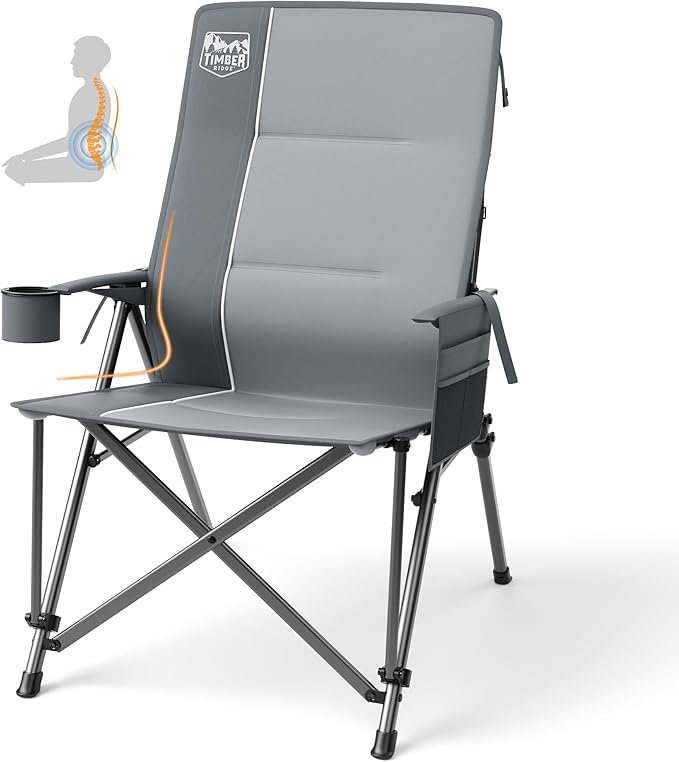 TIMBER RIDGE Oversized Camping Chair with Lumbar Support Portable Folding Chair Heavy Duty for Adults Supports 450 LBS for Outdoor Camping Lawn with High Back Cup Holder Side Pocket Grey
