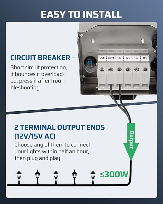 DEWENWILS 300W Low Voltage Landscape Transformer Outdoor Low Voltage Transformers with Photocell Sensor &amp Timer 120V AC to 12V/15V AC Waterproof Landscape Lighting Transformer for LED Lighting