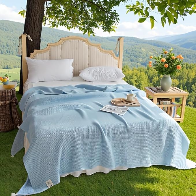 Bnitoam 100% Cotton Waffle Weave Blanket for Bed Couch Sofa Twin Size 60x80 Ultra Soft Breathable Cooling Cellular Blanket for Adult Lightweight All Season Machine Washable Blue (Blue 60x80)