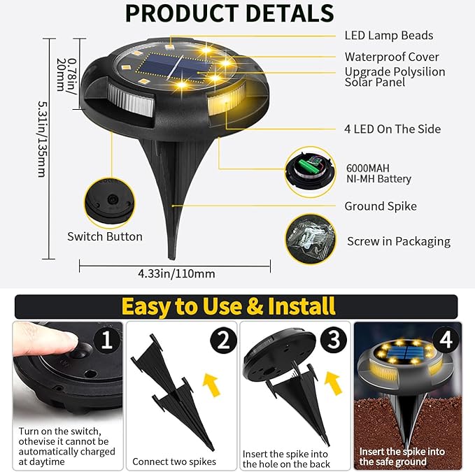Solar Ground Lights Outdoor Waterproof 8 Pack 12 LEDs Solar Garden Disk Lights Landscape Lighting for Outside Pathway Deck Yard Patio Lawn Driveway Walkway Deco (Warm Lights)