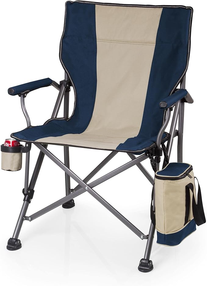 PICNIC TIME Outlander XL Heavy Duty Folding Camping Chair with Insulated Cooler Oversized Portable Lawn Beach &amp Camp Chair with Cup Holder Storage Pocket Carry Bag 400 lb Capacity (Navy Blue)