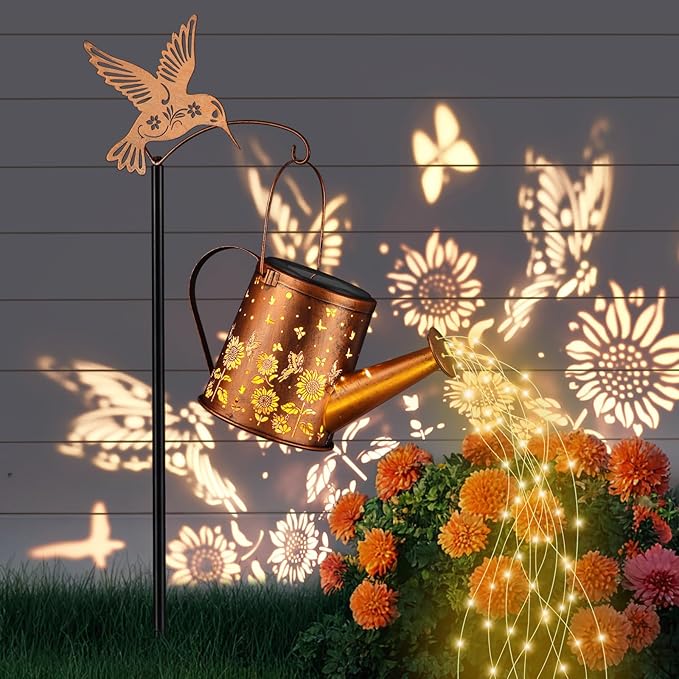Outdoor Hanging Solar Lantern Waterproof Set Outside Metal Sunflower &amp Butterfly watering can Landscape Lights for Garden Yard Patio Pathway Decor Birthday Gifts for Women Mom Grandma -With Floor