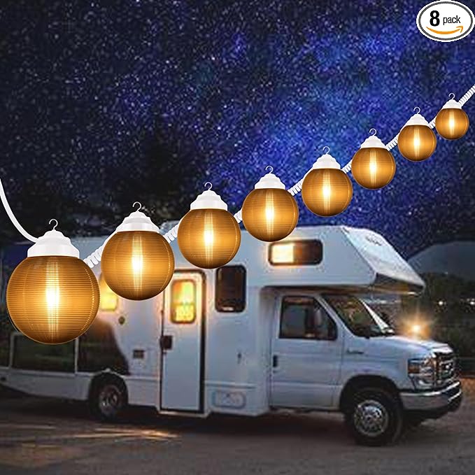 30.5FT Outdoor Patio Globe String Lights - Bronze RV Globe Awning Lights - 8pcs 6in Diameter Acrylic Polymer Sunser Awning Lights with 6W A19 Filament LED Glass Bulbs(2700K Warm White)