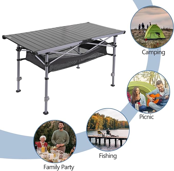 Ablazer Camping Table with Carry Bag Adjustable Height Portable Table for Outdoor Camping Picnic Beach Aluminum Picnic Roll-up Table for 4-6 Person