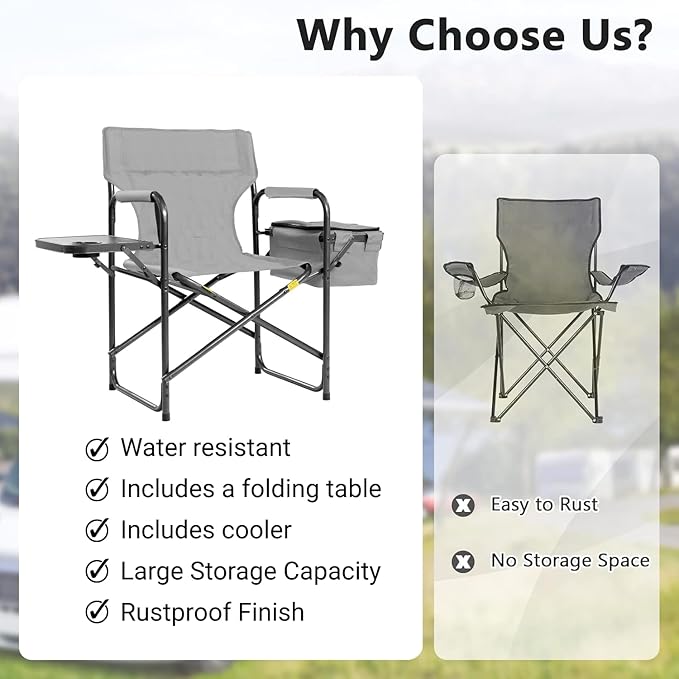 MAXDAR Portable Heavy-Duty Camping Chair with Cooler Bag Side Table &amp Cup Holder – 300 LBS Capacity Foldable Director’s Chair for Outdoor Fishing Picnic &amp Tailgating