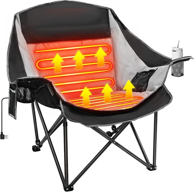 Suteck Heated Camping Chair Oversized Heated Chairs W/3 Heat Levels &amp 2 Heating Zones Portable Heated Folding Chair Use for Outdoor Sports Camping Lawn Battery NOT Included