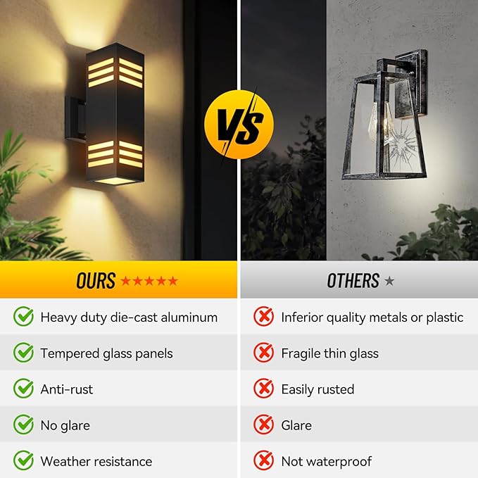 2-Pack Modern Outdoor Wall Lights IP65 Waterproof Up &amp Down Porch Light Fixtures with E26 Bulbs Aluminum Wall Sconces for Garage Patio Entryway 2700K Warm Light