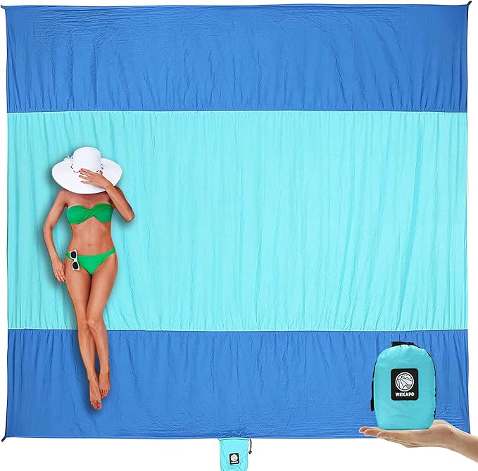 WEKAPO Beach Blanket Sandproof Waterproof Extra Large Beach Mat Oversized &amp Compact Sand Free Quick Drying Beach Essentials for Vacation Cruise Picnic &amp Camping with Stakes