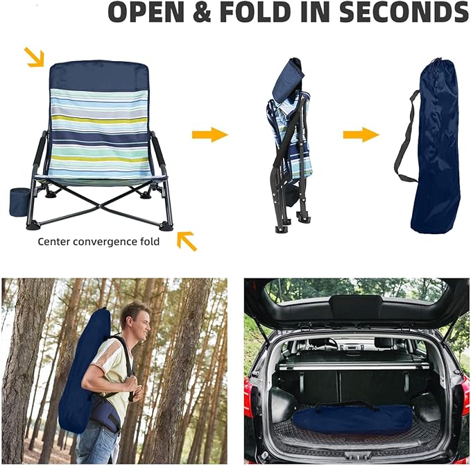 Portable Folding Beach Chair for Adults - Lightweight Low Back Sling Chair with Storage Pocket 300lbs Capacity Camping Chair for Outdoor Lawn Concert Travel (Orange-Colour Striped)