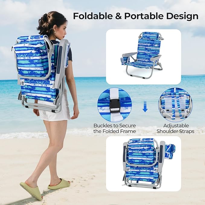 Giantex 2-Pack Backpack Beach Chair - Foldable Camping Chair with 5 Adjustable Position Cup Holder Storage Pockets Straps Towel Rack Pillow Lay Flat Lawn Chair for Patio Outdoor Blue Stripe