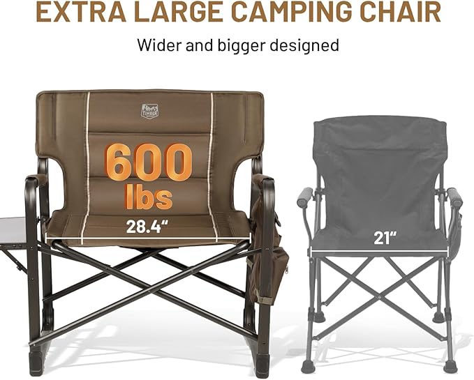 TIMBER RIDGE XXL Upgraded Oversized Directors Chairs with Foldable Side Table Detachable Side Pocket Heavy Duty Folding Camping Chair up to 600 Lbs Weight Capacity (Brown) Ideal Gift 2 Pack