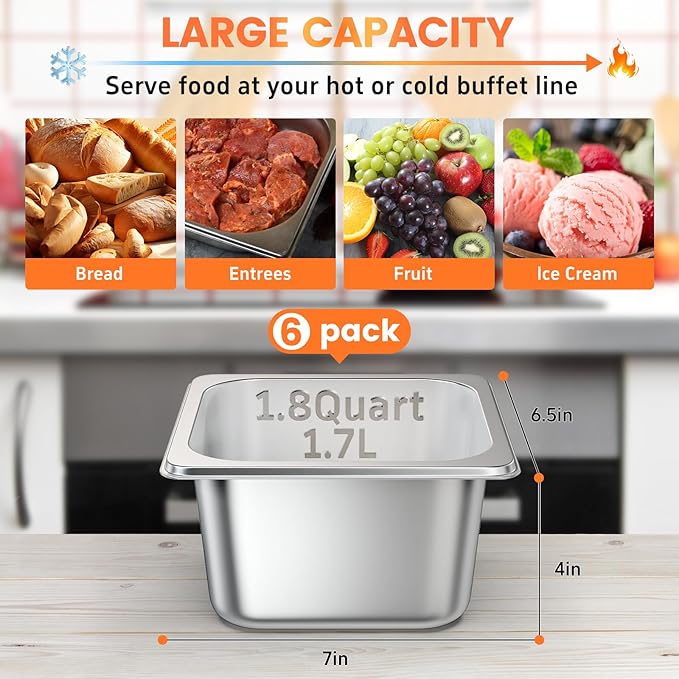 6 Pack Hotel Pans 1/6 Size 4 Inch Deep Steam Table Pan Stainless Steel Commercial Food Pan Anti Jam Steam Pan Breading Trays for Hotel Party Buffet Catering Supplies