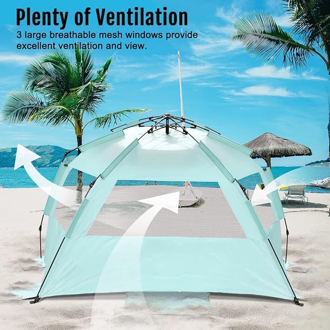WhiteFang Deluxe Pop Up Beach Tent Sun Shade Shelter for 3-4/5-6 Person UV Protection Extendable Floor with 3 Ventilating Windows Plus Carrying Bag Stakes and Guy Lines