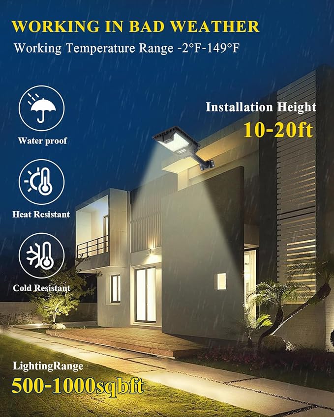 Solar Flood Lights 20000LM 6500K Waterproof Motion Sensor LED Solar Powered Flood Light with Remote ControlDusk to Dawn Commercial Area Lighting for Outside Parking Lot 4-Pack