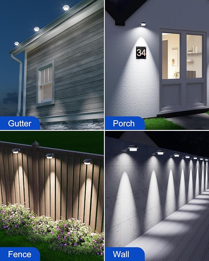 8 Pack White Solar Powered Gutter Lights Outdoor Decorative Waterproof Led Fence Lamp for Lighting Railing Outside Wall Deck Garden Path Backyard Sidewalk Yard Patio No Drilling Installation