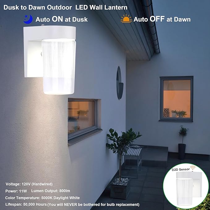 LIT-PaTH Dusk to Dawn Outdoor Wall Lantern LED Jelly Jar Light 11W 800 Lumens 5000K Daylight White Aluminum Housing Plus Clear Shade Matte White Finish 2-Pack