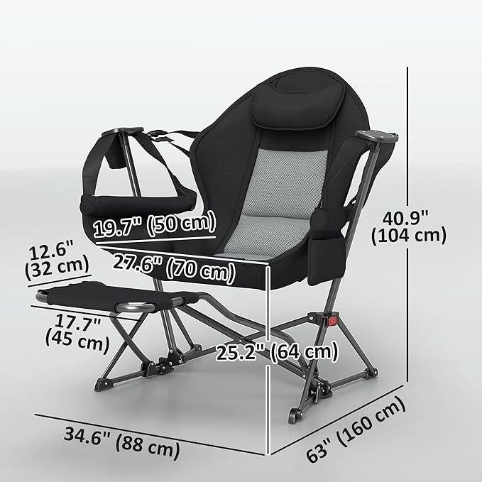 Outsunny Double Hammock Camping Chair Adjustable Back Folding Rocking Chair Swinging Hammock Chair with Cup Holder Headrest Removable Footrest Padded Seat for Travel Sports Concerts Black
