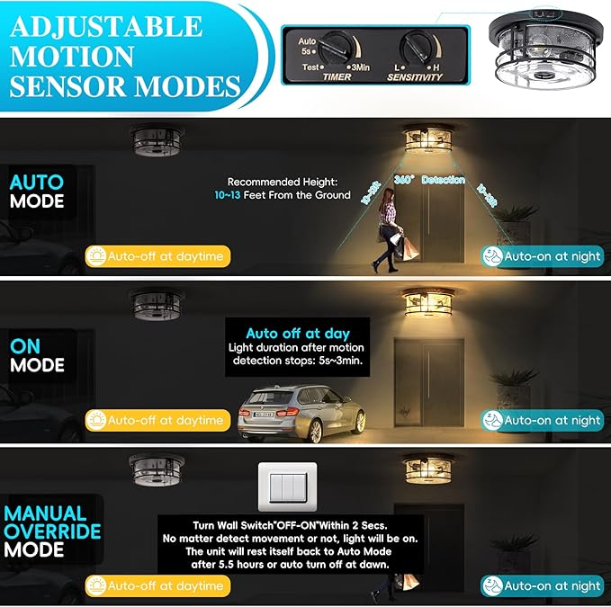Outdoor Ceiling Light with Motion Sensor Flush Mount Round Porch Light Industrial 2-Light Dusk to Dawn Ceiling Light Fixture with Clear Glass for Entryway Garage Front and Back Yards Black