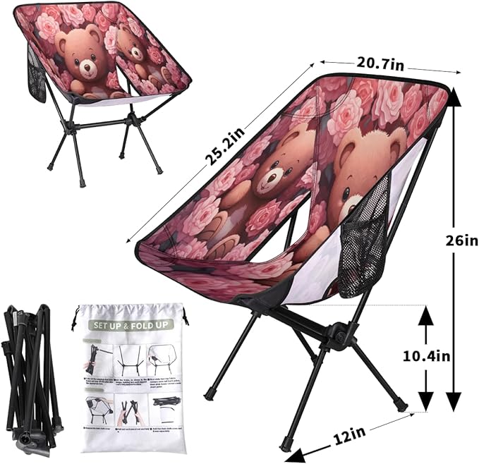 Bear Print Pattern Camping Chair Lightweight Portable Chairs for Adults Easy Installation Outdoor Foldable Camping Chair for Camping Fishing Hiking Picnic Beach