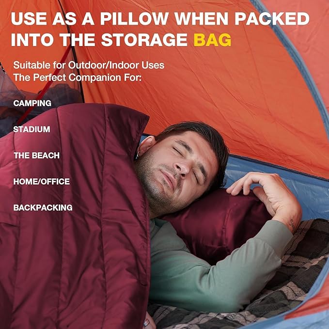 DUKUSEEK Outdoor Wearable Camping Blanket Large Packable Backpacking Hooded Stadium Blankets Lightweight Warm Quilt for Picnic Hiking Football 79X56 Wine Red