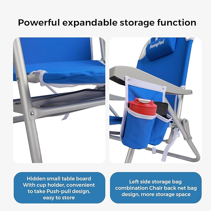 SUNNYFEEL Portable Beach Chair Lightweight Beach Chair for Adults Folding Camping Chair with Side Table &amp Organizer Bag 3 Position Adjustable Support 300lbs Heavy Duty Low Back Blue 2 Pack