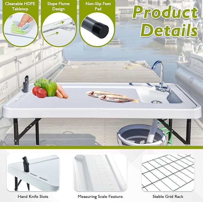 Folding Fish Cleaning Table Portable Camping Sink with Faucet Drainage Hose &amp Sprayer Outdoor Fillet Station Grid Rack Knife Groove for Picnic Fishing Black