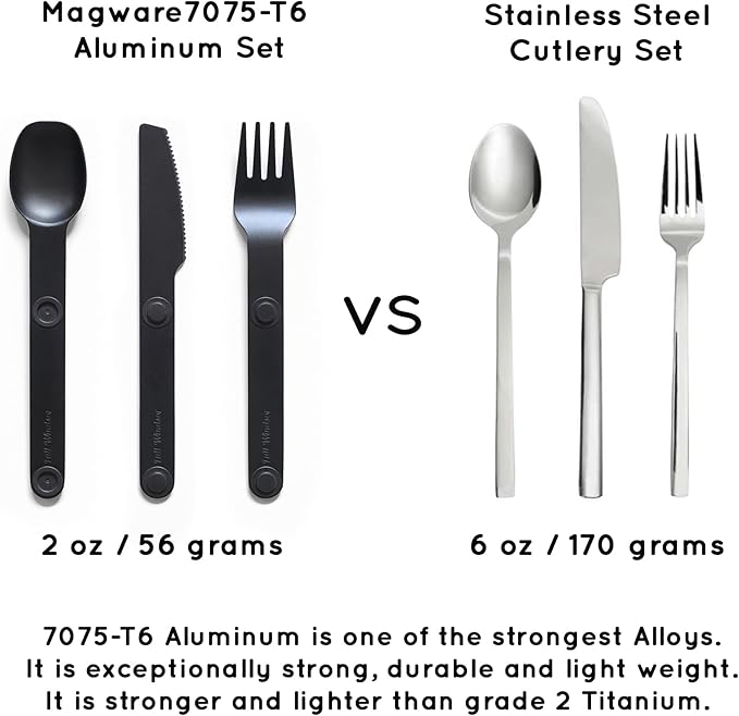 FULL WINDSOR Magware Camping Set - Travel Utensils for Outdoor Dining Backpacking &amp Camping Essentials - Knife Fork &amp Spoon with Pouch - Magnetic Silverware Lunchbox Utensils Cutlery - Black