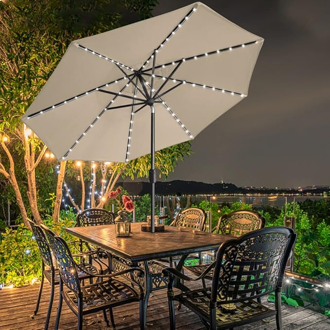 EliteShade USA 10-Year-Non-Fading Solar 9ft Market Umbrella with 80 LED Lights Patio Umbrellas Outdoor Table Umbrella with Ventilation Antique Beige