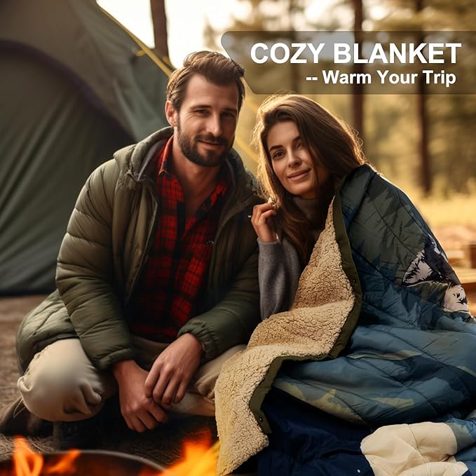 Outdoor Camping Blanket with Sherpa Lining Extra Warm Thick Camp Blankets and Puffy Ultralight Soft Poncho DWR Camping Quilt for Cold Weather Adventure Sleeping Backpacking 78x 56
