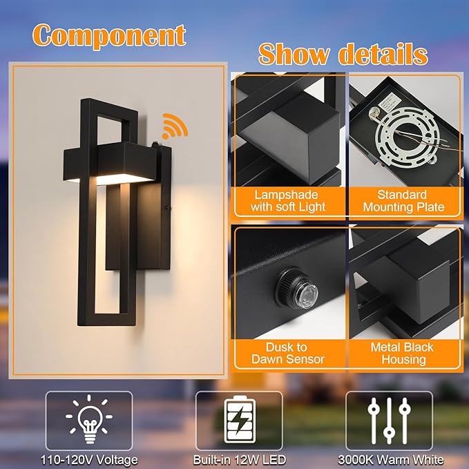 Large LED Modern Dusk to Dawn Outdoor Lighting Matte Black Porch Lights Outdoor Outside Lights for House Garage Porch Warm White 3000K 1 Pack