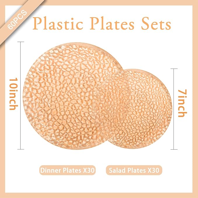 Rubtlamp 60Pcs Orange Plastic Plates Orange Plastic Disposable Plates With Hammered Design Party Platos Fancy Disposable Platos Include 30Dinner Plate30Desssert Plate For Spring Easter
