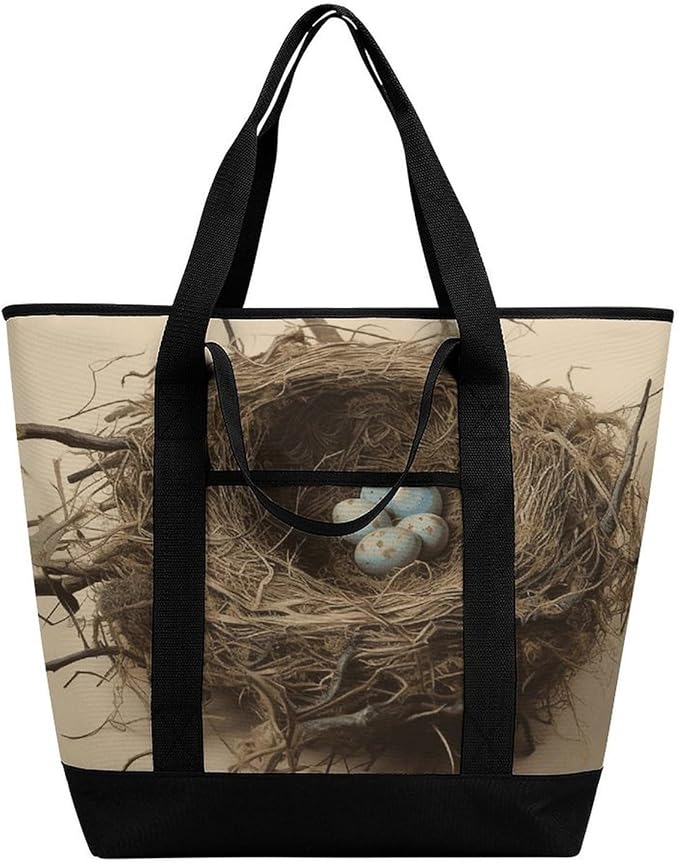 Insulated Shopping BagLarge Reusable Cooler Bags Birds Nest Printed Foldable Shopping BagTravel Waterproof Shoulder Bag