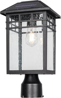 Solar Outdoor Post Light Fixture Modern Exterior Pillar Lantern with Black Finish &amp Seeded Glass Dusk to Dawn Outside Pole Light for Garden Backyard Courtyard Patio Pathway