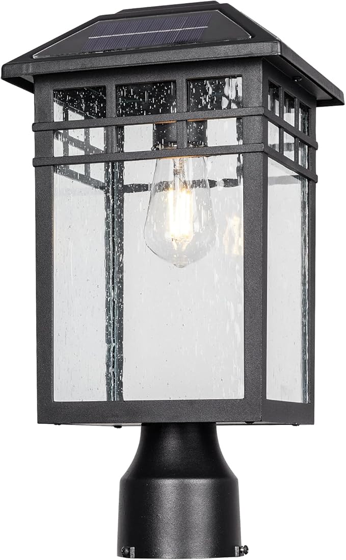 Solar Outdoor Post Light Fixture Modern Exterior Pillar Lantern with Black Finish &amp Seeded Glass Dusk to Dawn Outside Pole Light for Garden Backyard Courtyard Patio Pathway