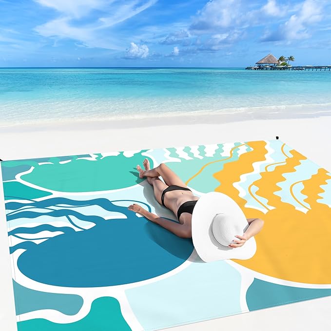 Beach Blanket Waterproof Sandproof Oversized 110''×118'' Extra Large Beach Mat Sand Free Lightweight Compact Foldable Picnic Blanket w/ 4 Stakes &amp Pockets for Camping Travel Beach Accessories