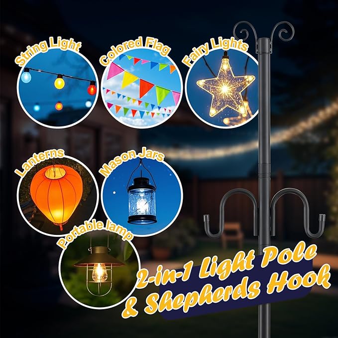 10FT String Light Poles 2Pack 1.5 Inch Heavy Duty Poles for Outdoor String Lights with Shepherd Hook 2 in 1 Light Pole with Anchor for Garden Backyard Patio Bistro Cafe
