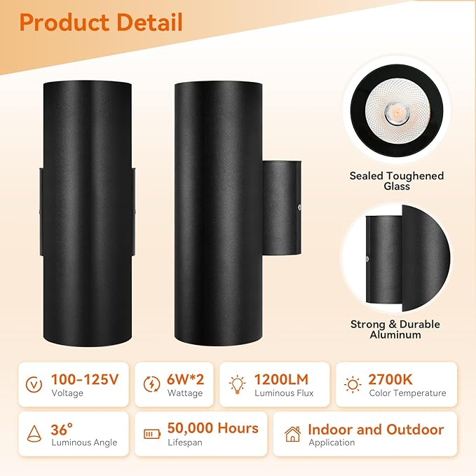 JO.KO Modern Outdoor Cylinder Wall Lights 10.24 Porch Light 2700K Warm White Up Down Lights Matte Black Waterproof Wall Sconce Aluminum Exterior Light Fixture Wall Mount