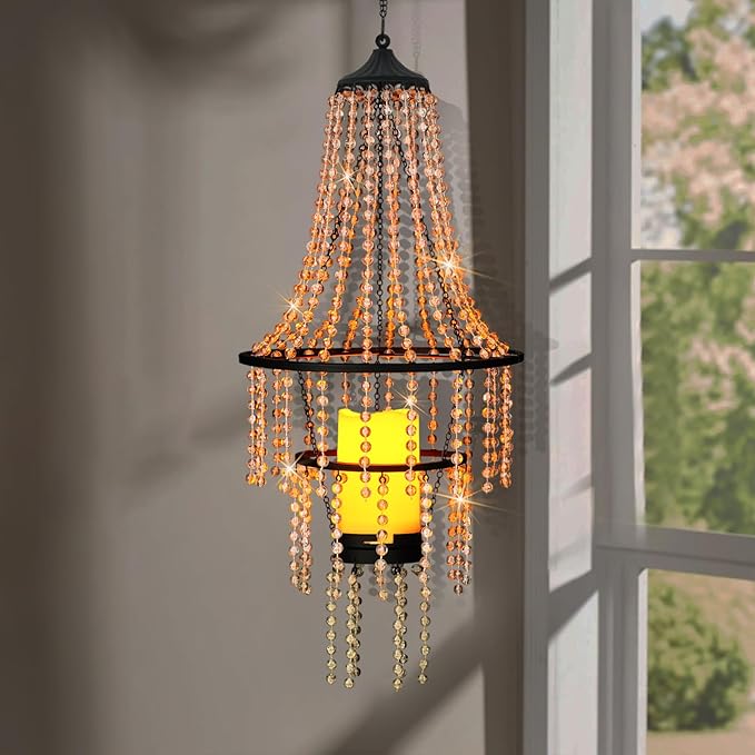 Hanging Candle Chandelier Outdoor Battery Operated Clear Acrylic Beaded Chandelier with Flickering Led Candle Light S Hooks Modern Lantern for Garden Yard Patio Gazebo Room Indoor Decorations 28”H