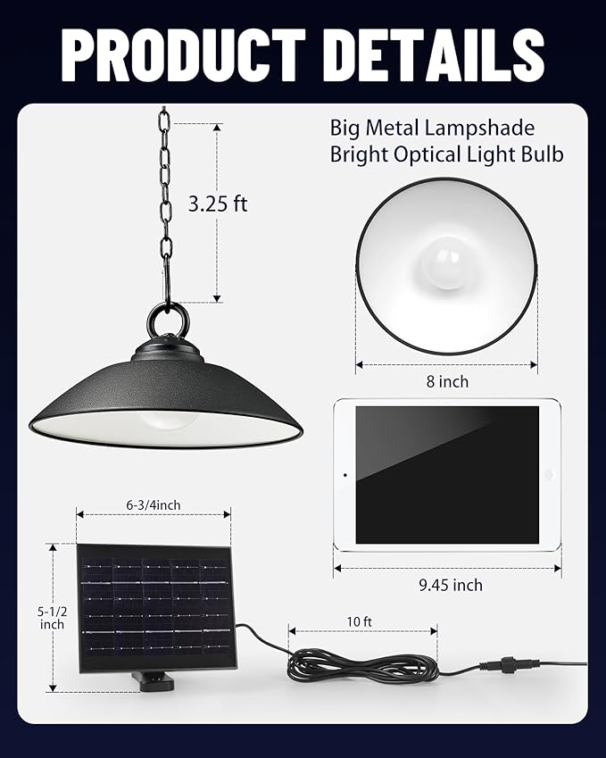 Solar Pendant Lights with Remote Control 3 Color 2 Brightness Mode Timer 8 inch Outdoor Hanging Shed Gazebo Chandelier Lamp Chicken Coop Barn Porch Light Dusk to Dawn 1 Pack