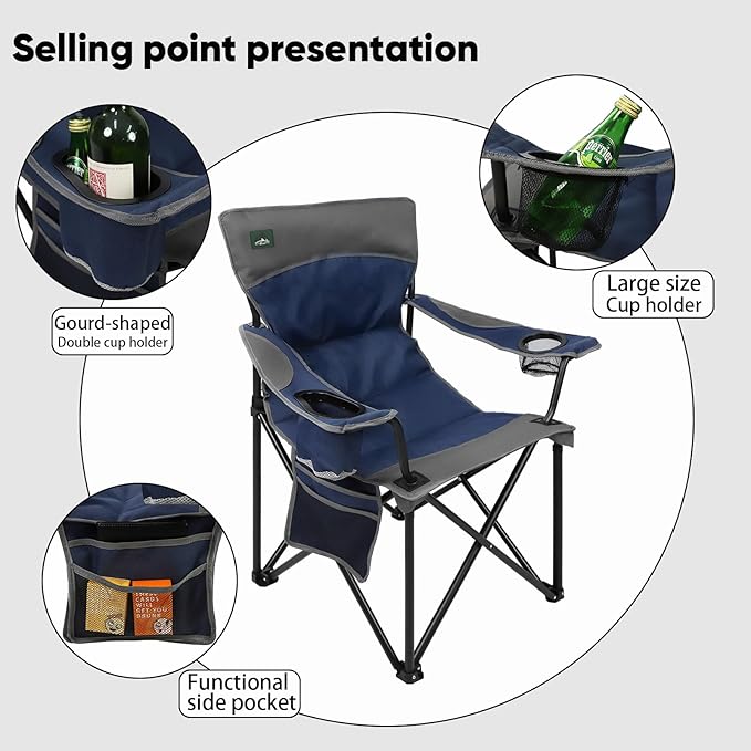 Oversized Folding Camping ChairHeavy Duty Padded Portable Lawn ChairSoft&ampComfortableTear-Resistant Fabricw/2Extra Large Cup HolderStorage PocketCarry BagOutdoor Beach Garden Fishing.Dark Bl