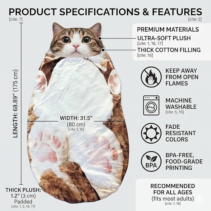Extra Large Cat Sleeping Bags68.9x31.5 Inch Cat Sleeping Bag for HumansFluffy Cats Sleepings BagsWashable Warm Animal Sleepings Bag for Adults for Camping and Home Lounging