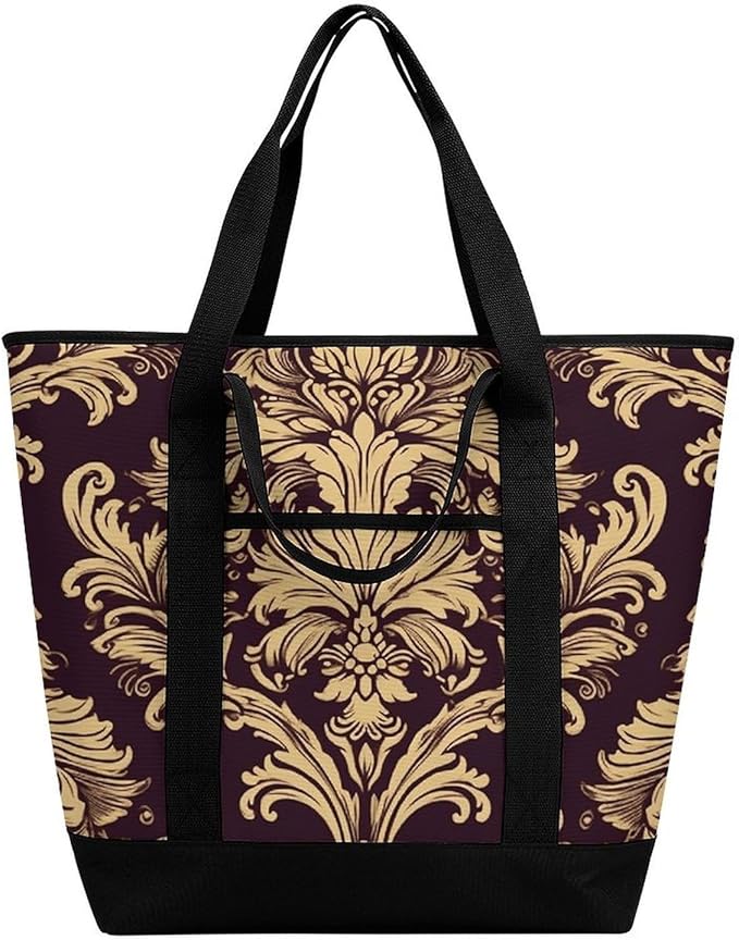 Insulated Shopping BagLarge Reusable Cooler Bags Damask Pattern Printed Foldable Shopping BagTravel Waterproof Shoulder Bag