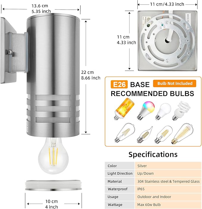 2 Pack Dusk to Dawn Sensor Outdoor Wall Sconce Anti-Rust Waterproof Up Down Wall Mount Lights with Stainless Steel 304 for Porch Patio Garage Doorway (8.7 Height UL Listed No Bulbs)